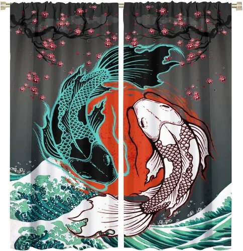 Vista 26 de Koi Fish - Cortinas opacas para cocina, estilo japonés, románticas, con estampado de flores de cerezo, con bolsillo para cortinero, cortinas opacas