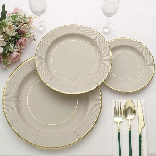 Vista 17 de Efavormart Paquete de 25 Platos Cargadores Desechables Sunray Metallic Sage Green de 13", Bandeja de Servir de Cartón, Redonda - 350 GSM Verde