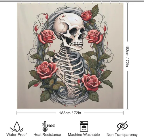 Vista 6 de YLATY3445 - Cortina de ducha de calavera para baño, divertido juego de cortina de ducha hippie con flores rojas y esqueleto, pintura al óleo, tela