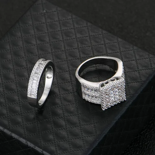 Vista 7 de Hiyong Juego de anillos de boda para mujer, oro blanco, circonita cúbica, anillos de compromiso de plata de moda para mujer