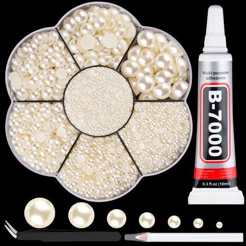 Vista 45 de BELLEBOOST 5600 piezas ABS Perlas Beige Redondas con Parte Posterior Plana con Herramientas de Recolección para Arte de Uñas, Decoración Facial