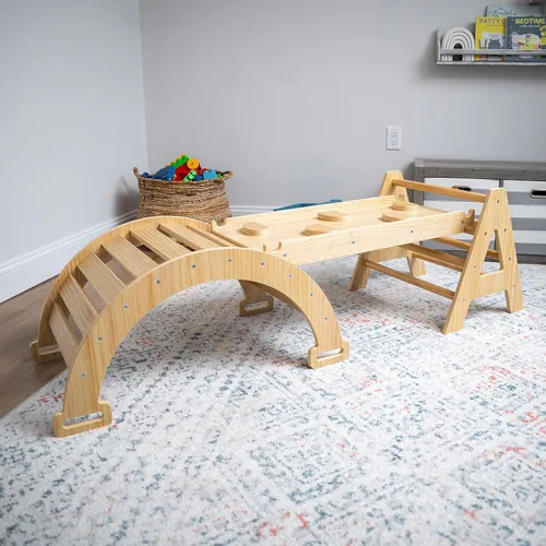 Vista 8 de Avenlur Juego de escalada Montessori 5 en 1 de arce - Gimnasio de escalada para bebés - Escalera triangular plegable, rampa de escalada en roca