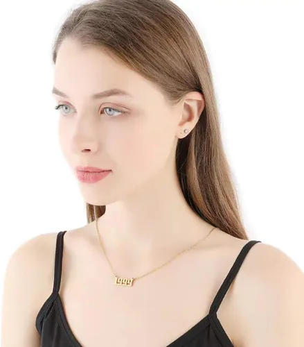 Vista 2 de Collar de acero inoxidable chapado en oro de 18 quilates, con número de cumpleaños, aniversario, joyería memorable para mujer