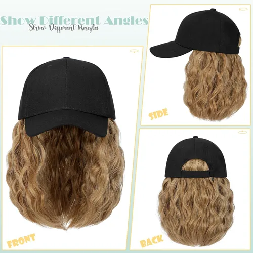 Vista 3 de Peluca de gorra de béisbol para mujer, gorra de béisbol con extensiones de cabello, gorra ajustable adjunta de 15 pulgadas, peluca sintética corta