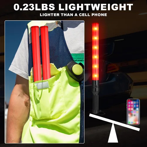 Vista 3 de Weewooday Paquete de 2 varitas de control de tráfico aéreo de seguridad de 21 pulgadas, varita de señal de tráfico LED, linterna de control de Rojo