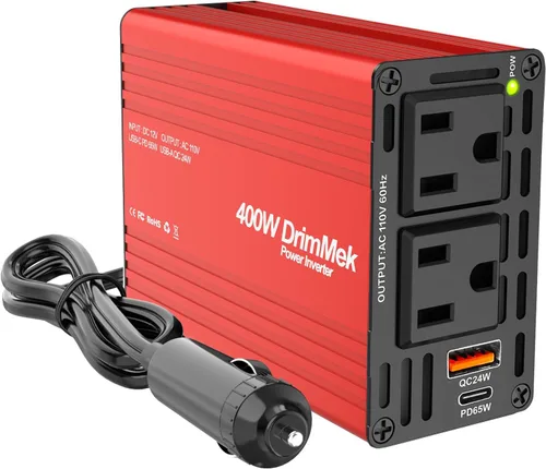 Vista 10 de 400 W Inversor de corriente para automóvil - Adaptador de enchufe de toma doble CC 12 V a 110 V CA, puerto USB C de carga rápida 65 W y 24 W