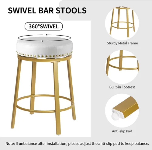 Vista 4 de White & Gold - Juego de 2 taburetes de bar giratorios de 24 pulgadas de altura de mostrador para encimera de cocina, isla sin espalda, modernos