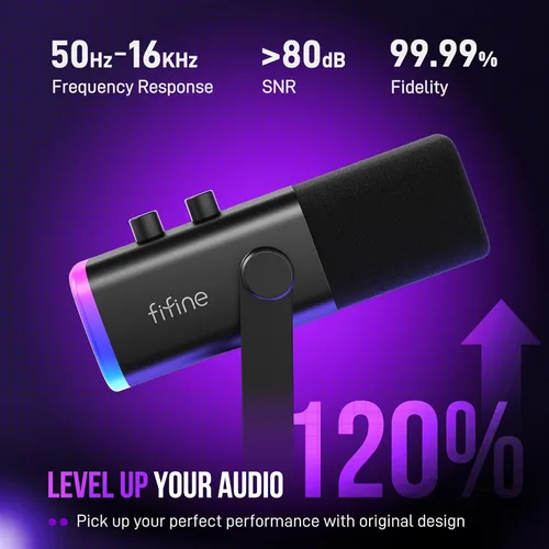Vista 3 de FIFINE - Juego de micrófono XLR/USB para juegos, micrófono dinámico para PC para transmisión y podcast, kit de micrófono RGB para computadora