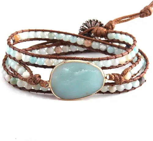 Vista 2 de Pulseras hechas a mano para mujer, con 3 hebras de piedras naturales y cuentas (Color marrón)