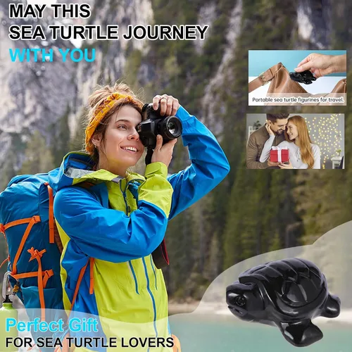 Vista 2 de Figuras de tortuga marina de viaje de cristal, tortuga de obsidiana negra, regalos de viaje para mujeres, hombres y viajeros, dije de buena suerte