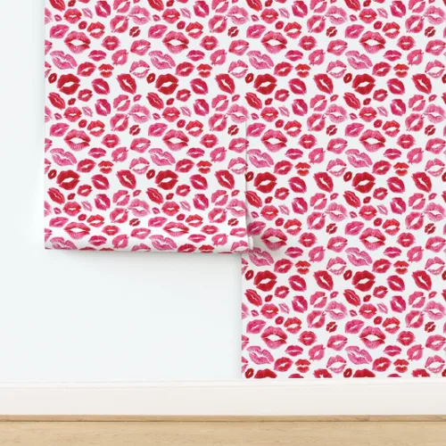 Vista 4 de Spoonflower Papel tapiz para despegar y pegar - Love Lips Red Valentine Beauty Lipstick Besos Acuarela Día de San Valentín Femenino Maquillaje Papel