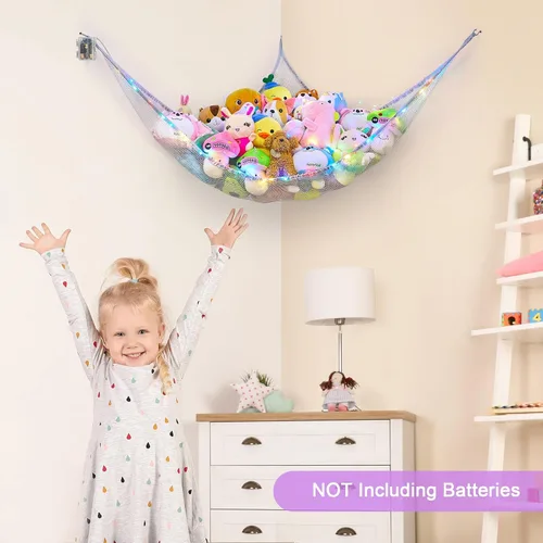 Vista 4 de Unicorn Castle Hamaca de red para animales de peluche, almacenamiento de juguetes para niños con luz LED, organizador de juguetes de felpa