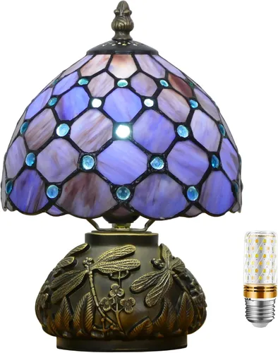 Vista 8 de Pequeña Lámpara Tiffany Mini Lámpara de Mesa de Vidrio Manchado Estilo Perla Púrpura Seta Lámpara de Acento 8X11 Pulgadas