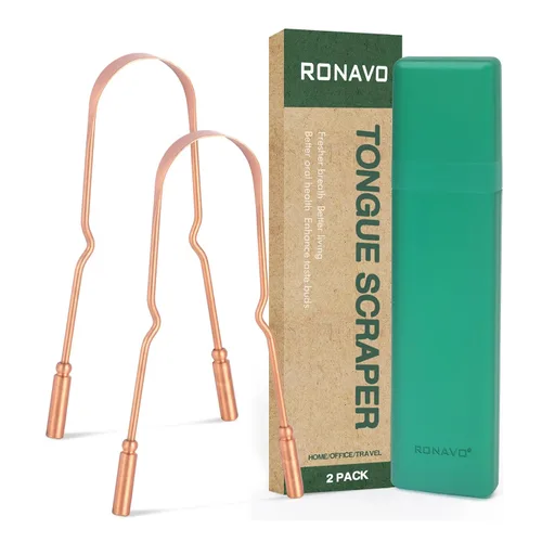 Vista 6 de RONAVO Raspador de lengua de cobre para adultos, cuidado bucal e higiene limpiador de lengua para un aliento más fresco con estuche de viaje