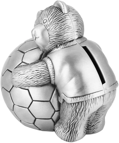 Vista 2 de Hucha de metal con diseño de oso pequeño con caja de dinero de fútbol, hucha de ahorro para decoración del hogar para niños