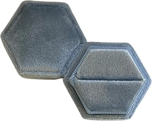 Vista 5 de Caja de anillo hexagonal de terciopelo, 1 ranura para compromiso y ceremonia de boda, exhibición plana y almacenamiento (azul claro)