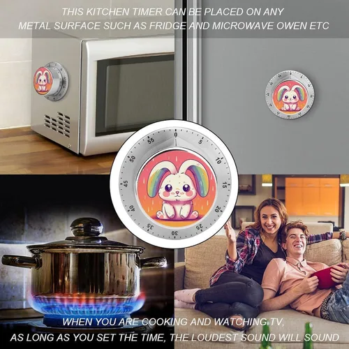 Vista 4 de Conejo con orejas de arco iris, temporizador mecánico de cocina para cocinar 60 minutos con respaldo magnético, alarma fuerte, temporizador
