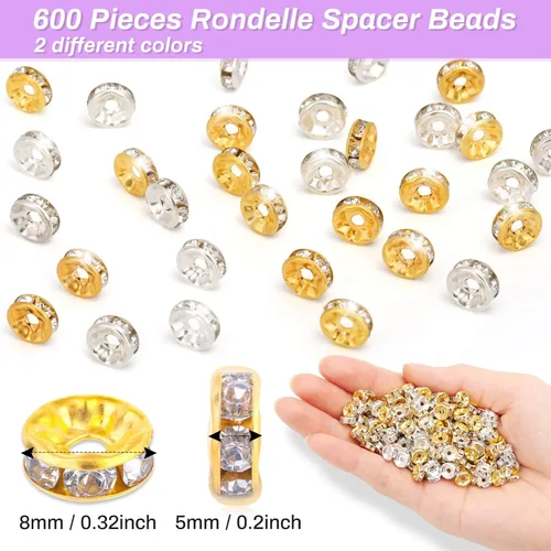 Vista 3 de Rondelle - Cuentas espaciadoras para hacer joyas, 600 cuentas espaciadoras de diamantes de imitación para pulseras, cuentas focales para bolígrafos