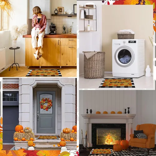 Vista 7 de Fabbay 2 tapetes de calabaza de otoño para puerta de Acción de Gracias, otoño, bienvenida, al aire libre, felpudo de calabaza en capas, alfombra a