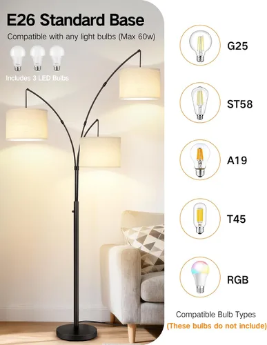 Vista 4 de OUTON Lámpara de pie LED de arco, lámpara de pie alta moderna negra de 3 luces para dormitorio, 2400lm lámparas de esquina de pie ajustables
