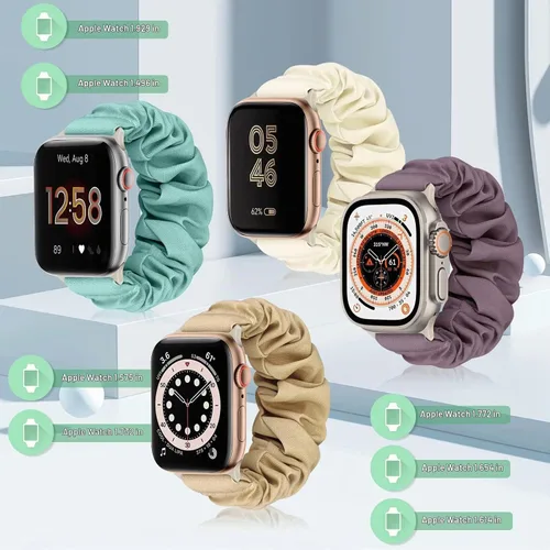 Vista 2 de Paquete de 4 bandas elásticas Scrunchie compatibles con Apple Watch de 38 mm, 40 mm, 41 mm, 42 mm, 44 mm, 45 mm, 49 mm, bandas elásticas con bonito