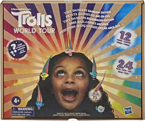 Vista 3 de Trolls DreamWorks World Tour Tiny Dancers Rainbow Edition Pack con 12 pequeñas figuras de bailarines, 4 lentes de sol, 10 anillos pequeños, 10