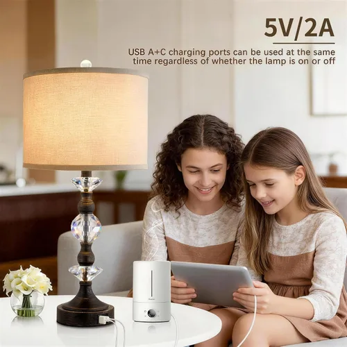 Vista 5 de Juego de 2 lámparas de mesa de cristal de 25.5" para dormitorio, lámparas de mesita de noche de bronce con puertos de carga USB A+C con pantalla
