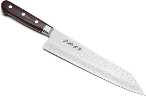 Vista 9 de Yoshihiro VG-10 Cuchillo de chef japonés multiusos de punta de espada de Damasco martillado Kiritsuke de 8.25 pulgadas, mango de caoba