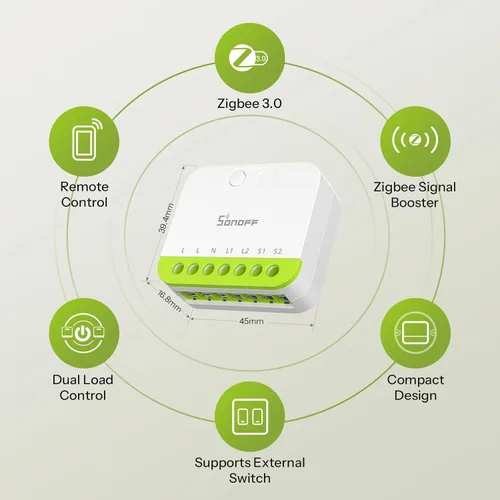 Vista 3 de SONOFF MINI Duo - Interruptor inteligente Zigbee de 2 canales, Zigbee 3.0, carga total de 16 A, control remoto y automatizado a través de Zigbee