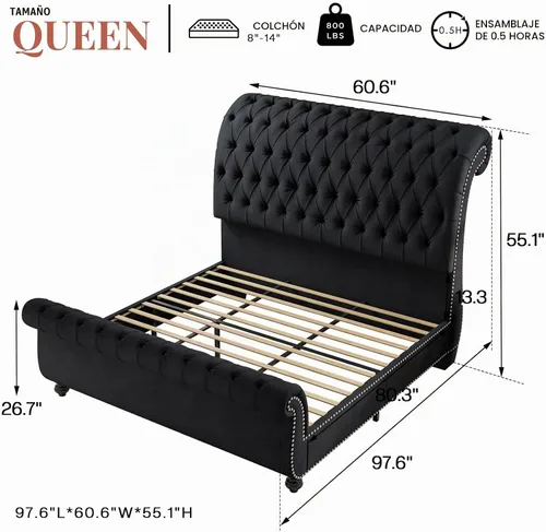 Vista 2 de Jocisland - Base de cama estilo carruaje tamaño Queen, cama de plataforma tapizada en terciopelo con cabecero y pie de cama con estampado de scroll