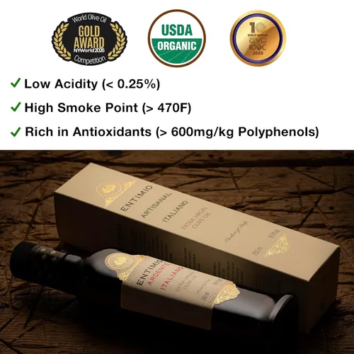 Vista 3 de Entimio Ardente Aceite de Oliva Virgen Extra Italiano Orgánico de Italia, Más de 600 mg/kg Alto en Polifenoles, Ganador de Oro 2025, Aceite de Oliva