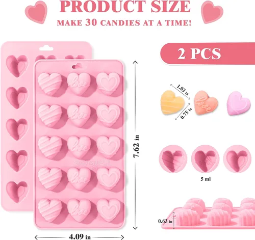 Vista 4 de Moldes de silicona en forma de corazón 2 piezas, molde de chocolate en forma de corazón 15 cavidades, moldes antiadherentes de grado alimenticio
