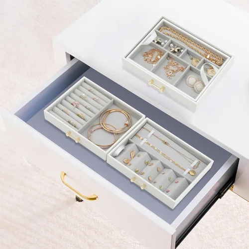 Vista 5 de V-LAFUYLIFE Jewelry Organizer,Leather Jewelry Boxes for Women Girls,Stackers Jewelry Box,Jewelry Case Removable Tray for Earrings Ring Bracelet