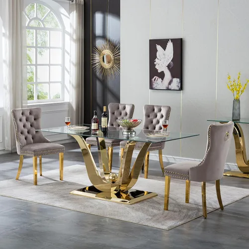 Vista 25 de Moderno juego de mesa de comedor de cristal de 5 piezas para 4, 70 pulgadas rectangular con 4 sillas copetudas de terciopelo beige, juego de mesa