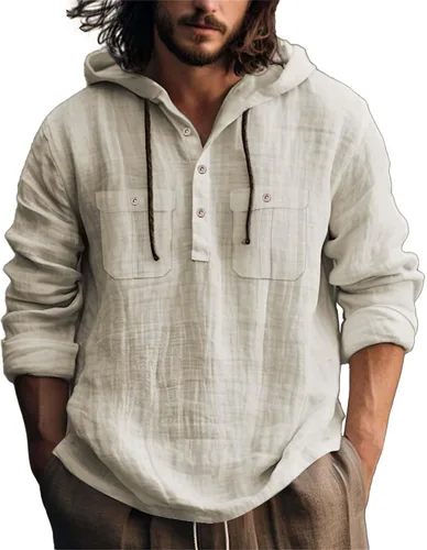 Vista 31 de Camisas de lino para hombre, ligeras, con botones, de manga larga, con capucha, ajuste regular, de algodón, para la playa