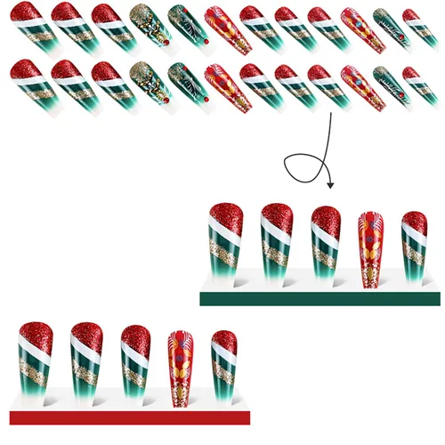 Vista 2 de Uñas postizas largas a presión de Navidad, uñas acrílicas artificiales con diamantes de imitación, diseño de árbol de Navidad, uñas postizas