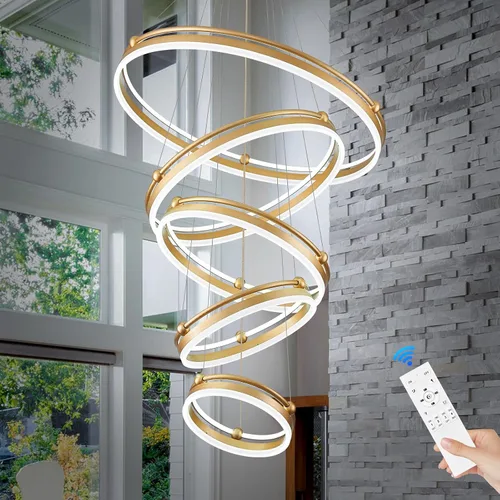 Vista 21 de Benkut Lámpara colgante LED moderna D24 pulgadas, color negro dorado, lámpara LED circular regulable, 1 anillo con control remoto, luz colgante