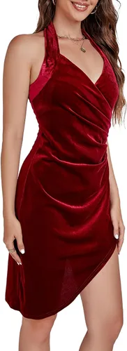 Vista 4 de Umenlele Vestido de terciopelo con cuello en V para mujer, con dobladillo asimétrico fruncido, entallado, para cóctel, fiesta, club