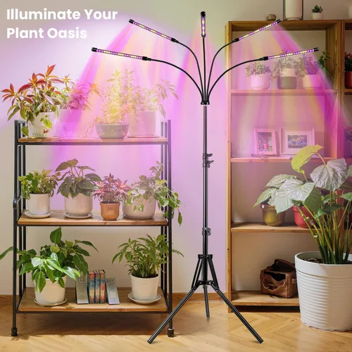Vista 2 de Garpsen Luz de crecimiento con soporte, luces de cultivo de 5 cabezas para plantas de interior, luz de planta LED de 100 diodos de espectro completo