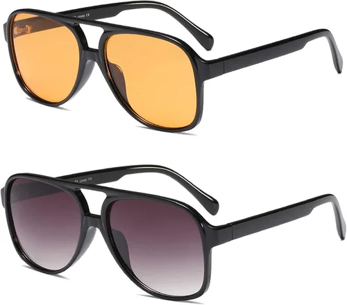 Vista 2 de Lentes de sol vintage retro de los años 70 para mujer y hombre, montura clásica, cuadrada y grande estilo aviador, lentes naranjas de moda UV400