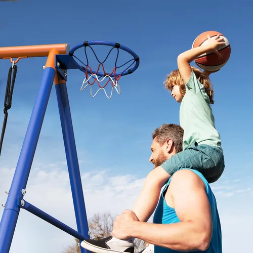 Vista 7 de Juego de columpios para niños 5 en 1 para patio trasero con trampolín, soporte de marco en A resistente de 880 libras, soporte de metal