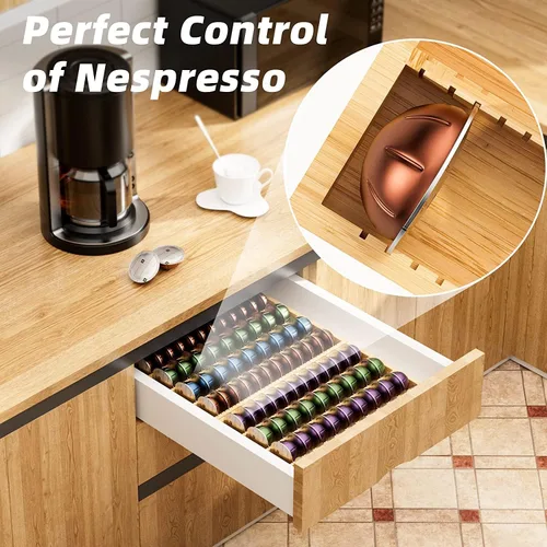 Vista 3 de MinBoo Soporte de Almacenamiento de Cápsulas de Café de Bambú Inserto de Cajón para Mostrador Compatible con Cápsulas Nespresso Vertuo Vertuoline