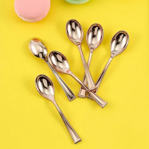 Vista 6 de Efavormart - Juego de 24 cucharas de plástico de 4 pulgadas, pequeñas cucharas desechables para degustación de postres con acabado metálico