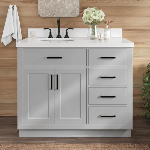 Vista 16 de ARIEL Hepburn - Tocador de baño de 30 pulgadas con fregadero, madera maciza, encimera y protector contra salpicaduras de cuarzo blanco puro de 1.5