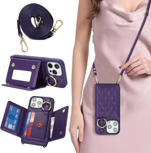 Vista 18 de Funda para iPhone 14 con tarjetero y correa para mujer, cordón cruzado, espejo de maquillaje, soporte de anillo, cierre a presión, bonitas fundas