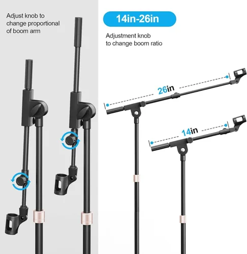 Vista 4 de Soporte de micrófono con brazo de brazo, trípode resistente, soporte de suelo ajustable con bolsa de transporte y 2 clips de micrófono para cantar