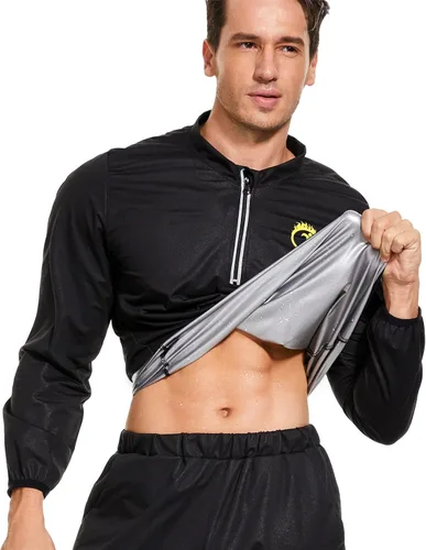 Vista 7 de NINGMI Traje de sauna para hombre, chaqueta para sudar, camisa de manga larga, trajes de entrenamiento con cremallera, gimnasio, ejercicio, fitness