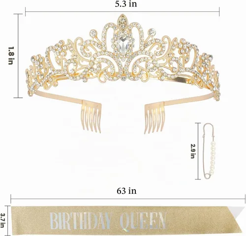 Vista 5 de CAVETEE Faja y tiara dorada para cumpleaños - Coronas de fiesta para mujer Dorado