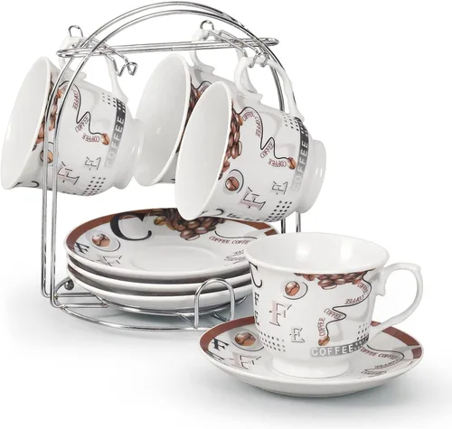 Vista 4 de WORLD GIFTS Elegante juego de tazas de té y platillo de porcelana duradero y colorido con soporte de metal, grano de café, 8 onzas, juego de 4