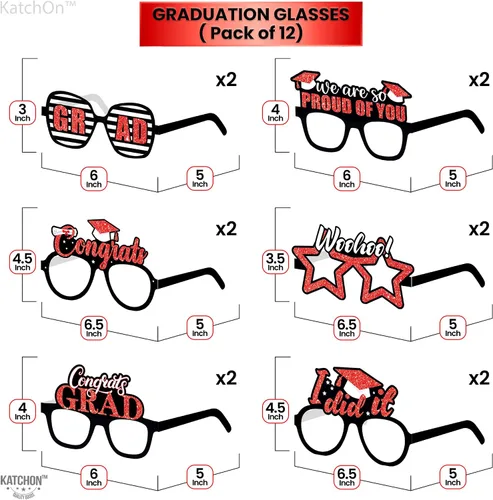 Vista 4 de KatchOn, Gafas de graduación rojas 2026 – Brillantina, paquete de 12 Accesorios para cabina de fotos de graduación 2026 para decoraciones